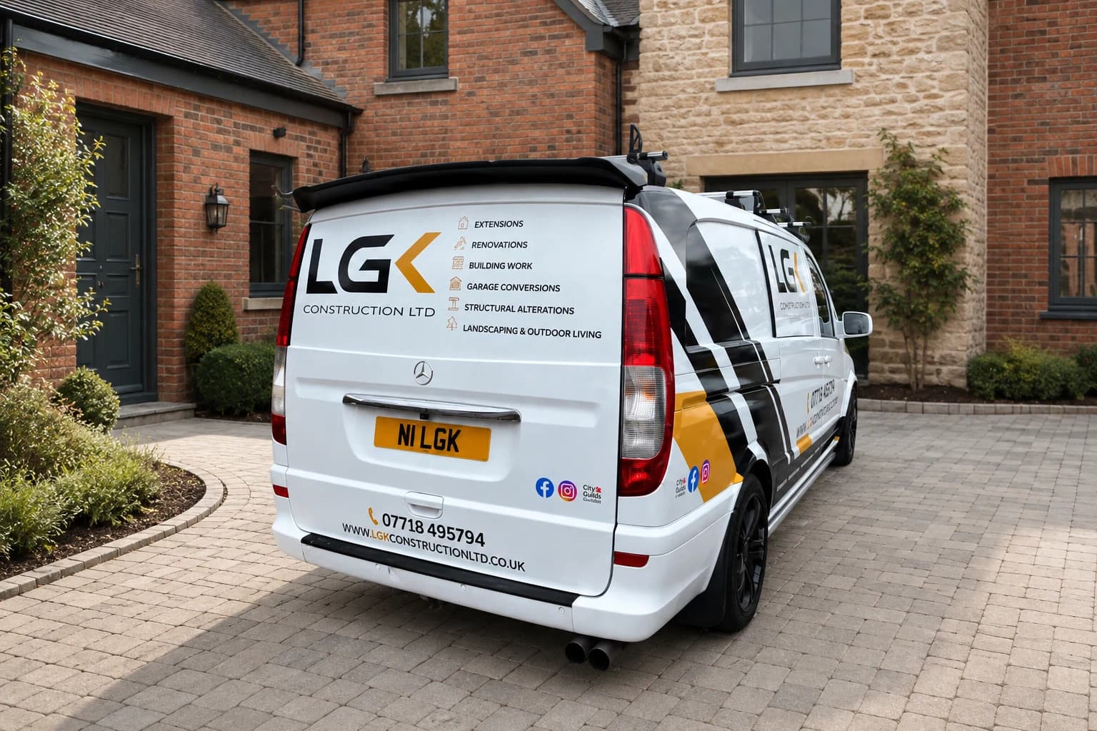 LGK Construction branded van outside a Warwickshire home.