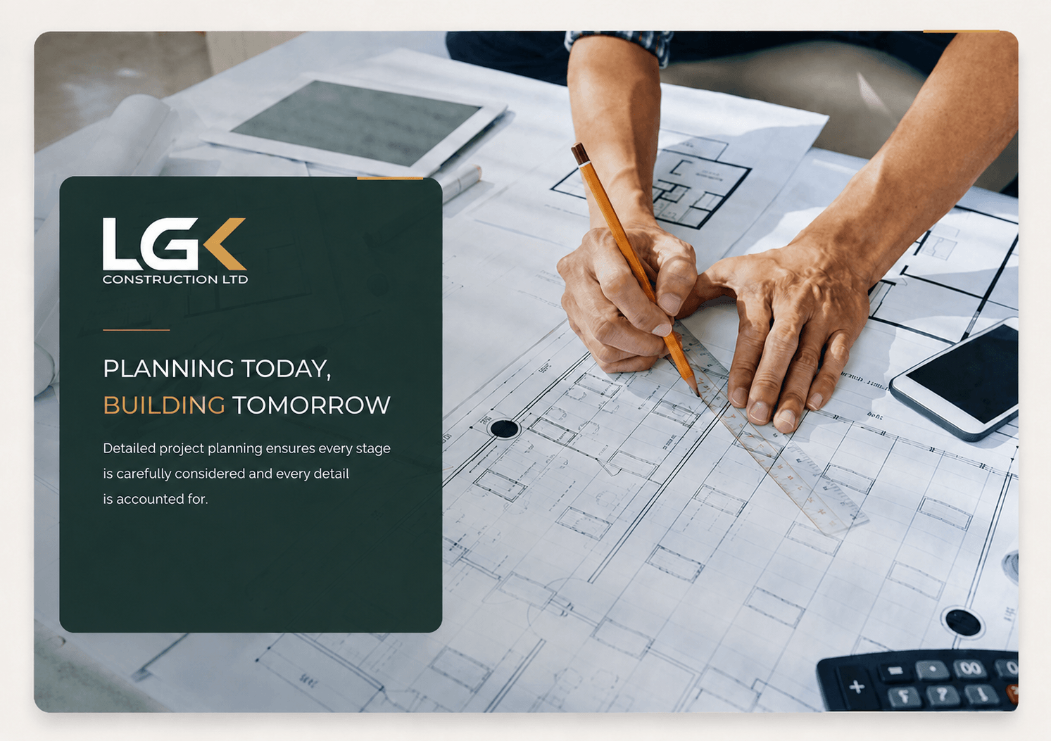 LGK project planning graphic showing architectural plans being reviewed
